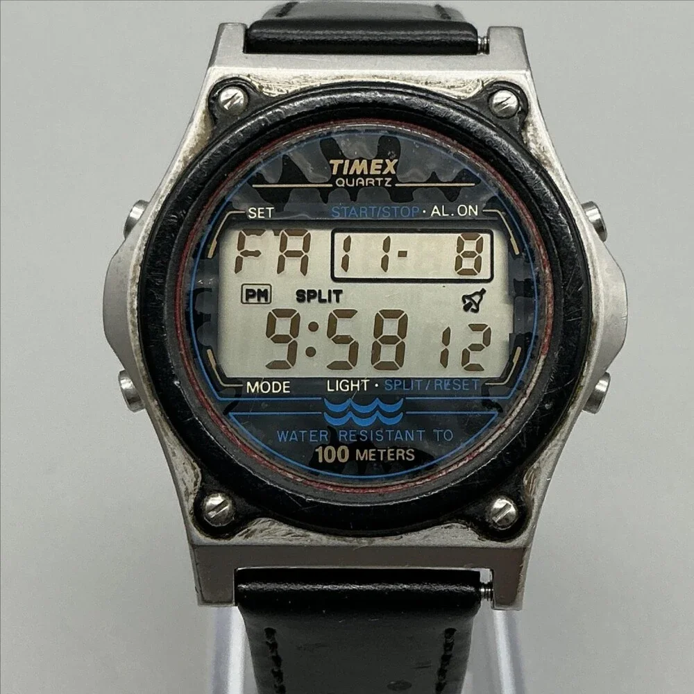 Vintage Timex Atlantis 100 Mens Watch 40mm Digital Black Leather New Battery